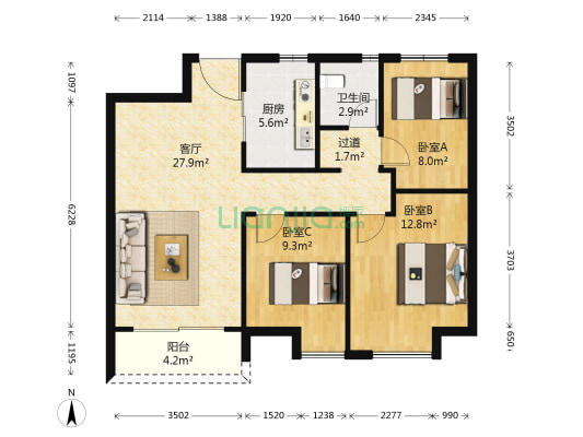 通安碧桂园 3室1厅1卫 95平方