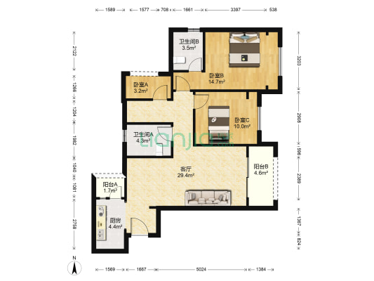 荣盛锦绣南山B区 3室1厅2卫 95平方