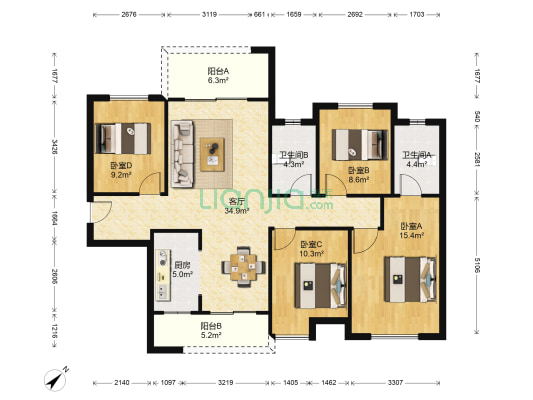 烟雨府 4室1厅2卫 121平方