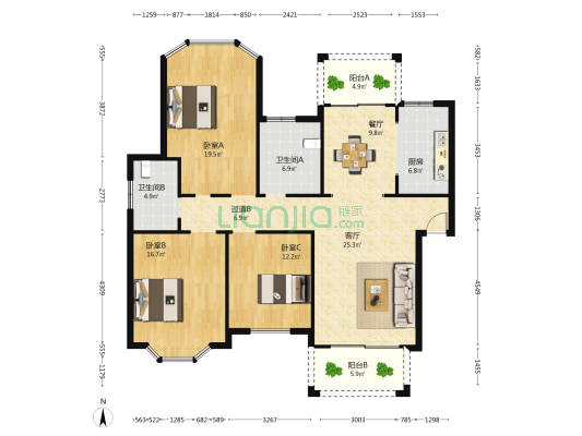 阳光花园 3室2厅2卫 137平方