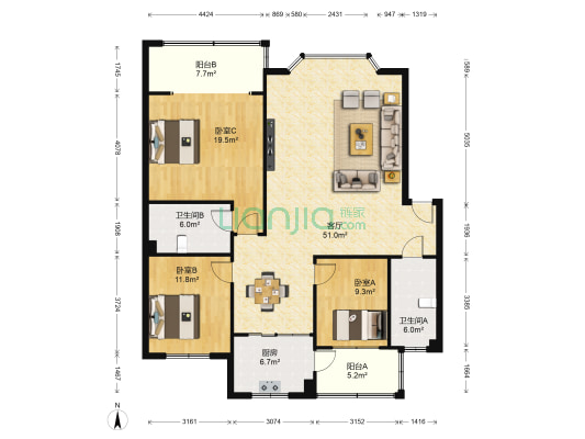 锦安苑 3室1厅2卫 138平方