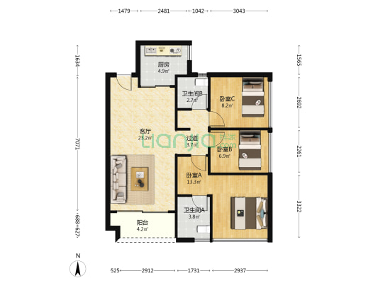 恒大锦苑 3室1厅2卫 89平方