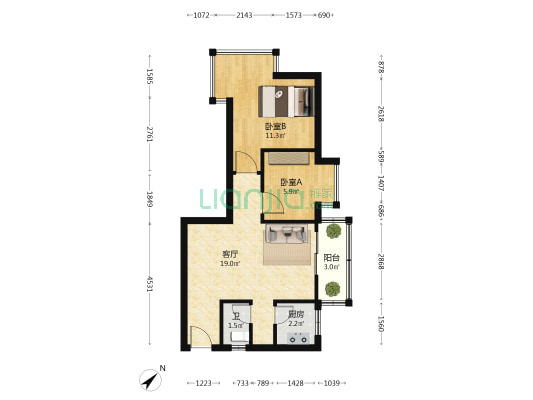 湖边花园B区东区 2室1厅1卫 61平方