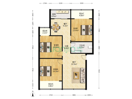 含光小区 3室2厅1卫 130平方