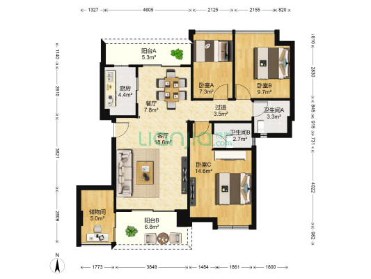 朗晴假日四期 3室2厅2卫 108平方
