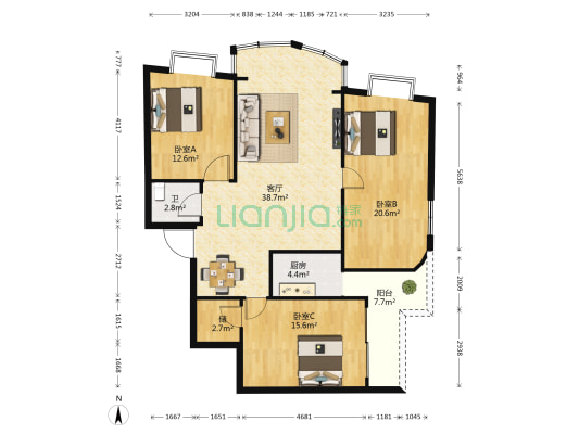 中创龙园大厦 3室1厅1卫 136平方