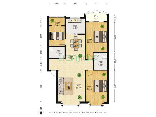 桂华园 3室2厅2卫 115平方