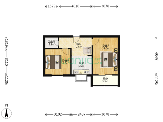 群众艺术馆 2室1厅1卫 51平方