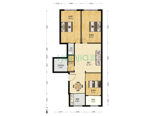 汇源家园 3室1厅2卫 120平方