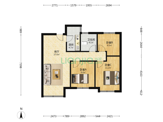 南北通透三居室 2.精装修 3.采光视野好 4.配套齐全-户型图