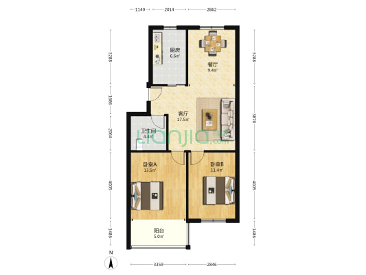 银泰文馨园 2室2厅1卫 84平方