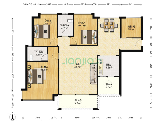 星河花园 3室1厅2卫 136平方