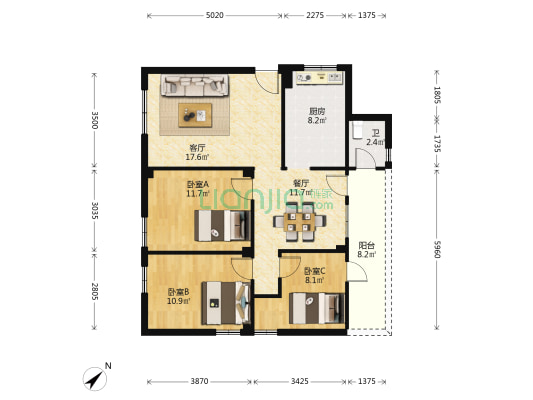 兴业街 3室2厅1卫 81平方