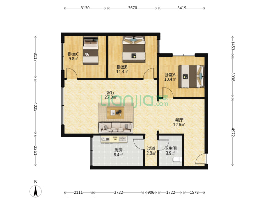 新东南亚 3室2厅1卫 110平方