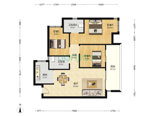 中铁城颐湖题院 3室1厅2卫 107平方