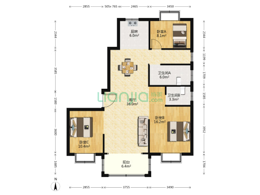 华芳颐景花园 3室1厅2卫 141平方