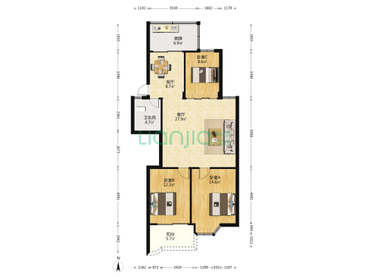 福州市市直机关象园公寓 3室2厅1卫 99平方