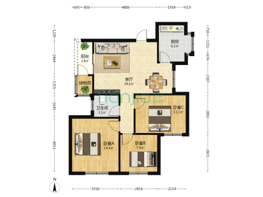 北海市广播电视局宿舍区 3室1厅1卫 89平方