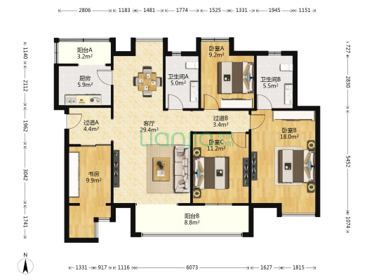 高山流水幸福快车东区 4室1厅2卫 135平方