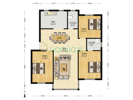 创欣公寓 3室1厅2卫 129平方
