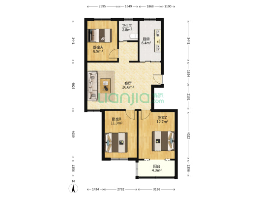 藕池天地小区 3室1厅1卫 90平方