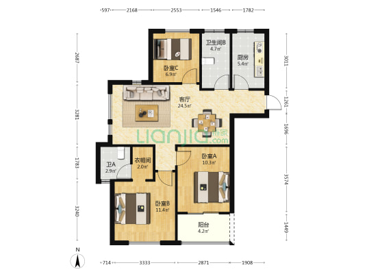 云河南园 3室1厅2卫 104平方