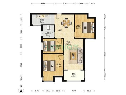 新居棠悦花园北园 3室1厅1卫 94平方