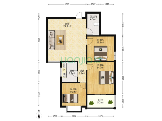 天兆家园 3室1厅1卫 104平方