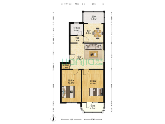 二中家属楼 2室2厅1卫 86平方