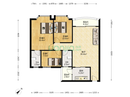 世纪广场商住楼 3室1厅2卫 110平方