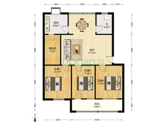 昌隆三号楼小区 3室1厅1卫 114平方