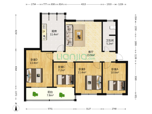 元宝山干休所 4室1厅1卫 102平方