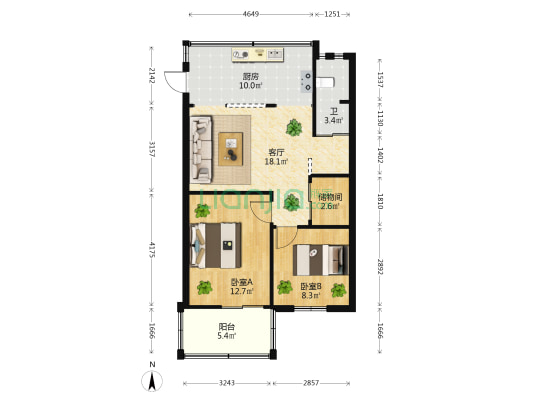 金碧街道弥勒寺社区 2室1厅1卫 56平方