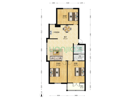 清展花园 3室1厅2卫 120平方