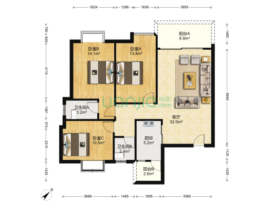 旗望阁 3室1厅2卫 117平方