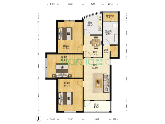 元丰小区 3室2厅1卫 115平方