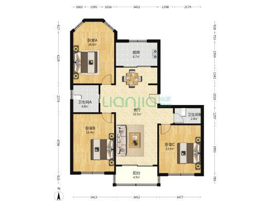 华伦公寓 3室1厅2卫 119平方