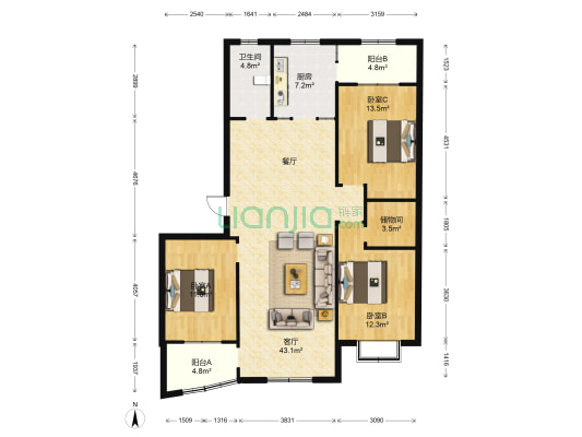 名门新筑 3室1厅1卫 130平方
