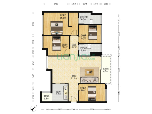 万丰海岸城 4室1厅2卫 121平方