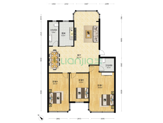 云龙公寓 3室1厅2卫 136平方