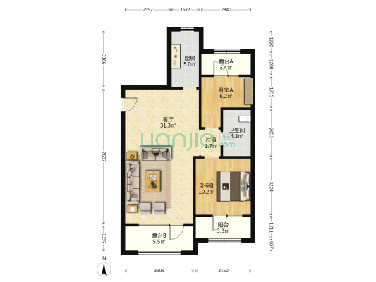 中南上悦城 2室1厅1卫 99平方