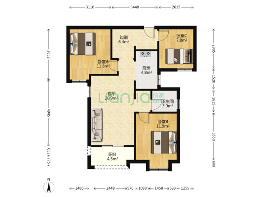 大华锦绣前城一期 3室1厅1卫 96平方
