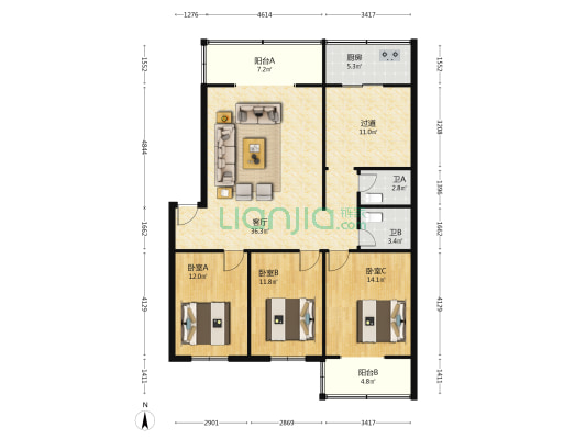 郭大里建科楼 3室1厅2卫 90平方