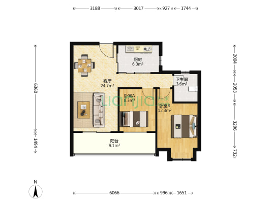 新湖青蓝国际 2室1厅1卫 85平方