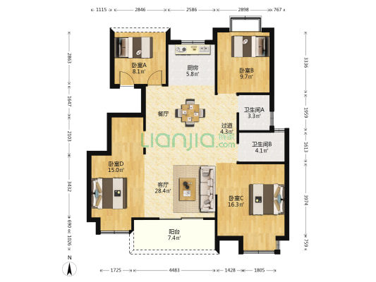 华西中梁国宾金座 4室1厅2卫 116平方