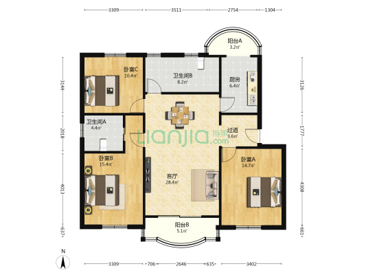 锦悦苑 3室1厅2卫 117平方