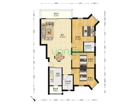 亚洲豪苑北区 3室1厅2卫 119平方