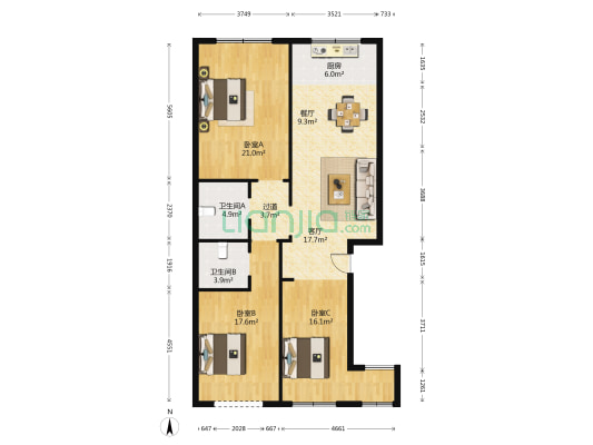 中华路 3室2厅2卫 116平方