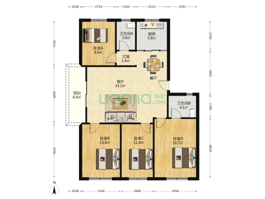 金桥路3号 4室1厅2卫 129平方