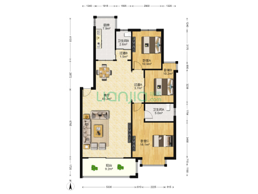 蓝天雅苑 3室1厅2卫 119平方